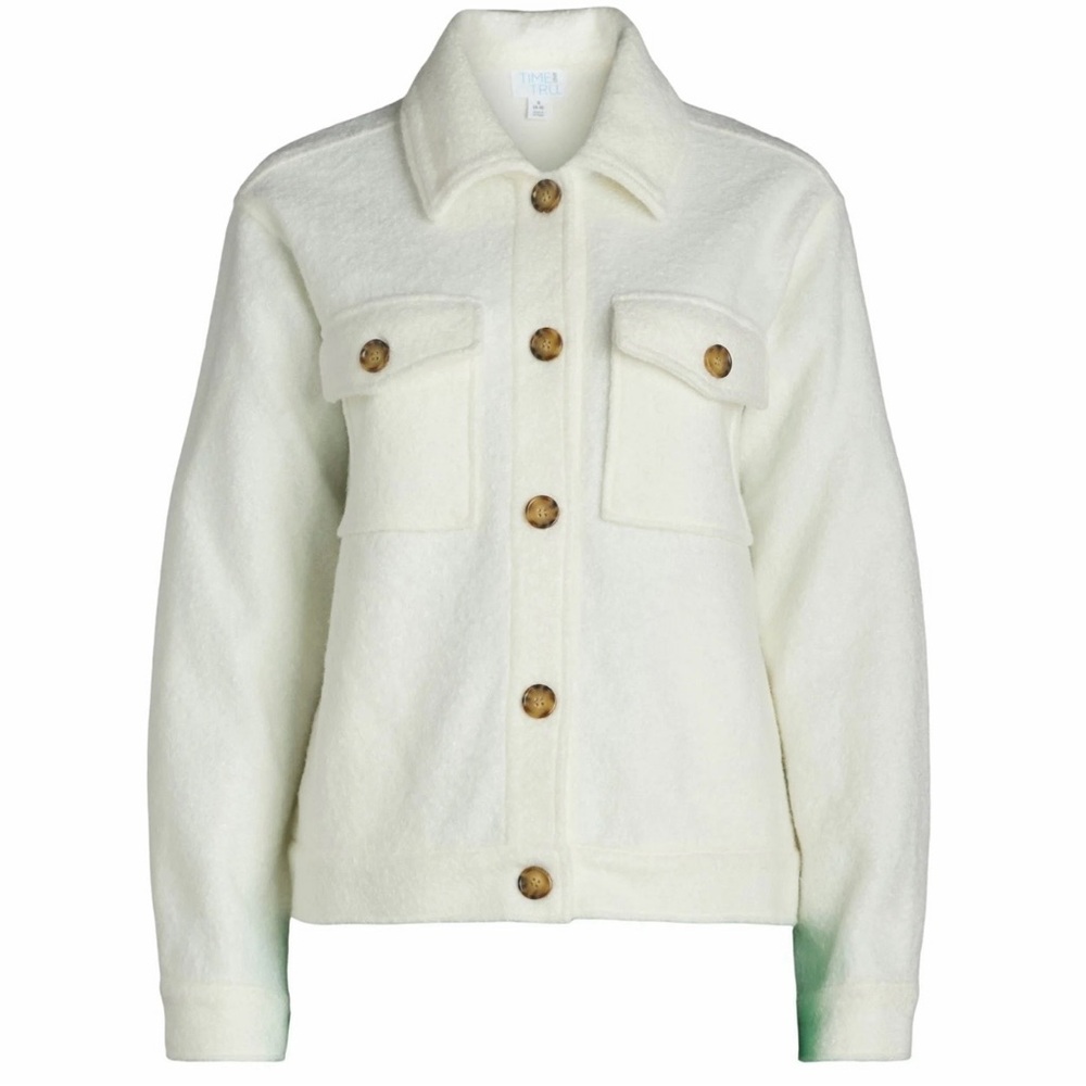Time and Tru Cropped Boucle Jacket Front Pockets Off White Size Large